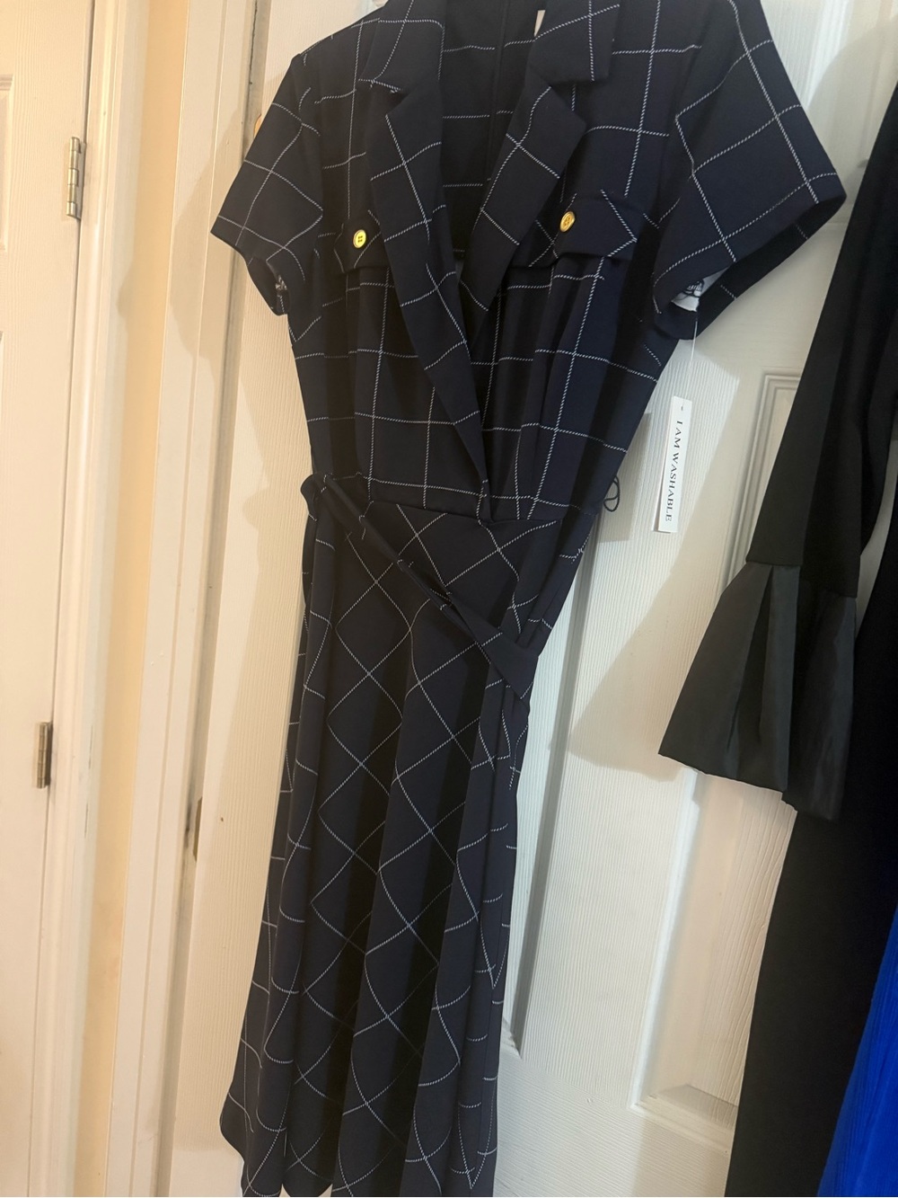 Navy Windowpane Belted Dress